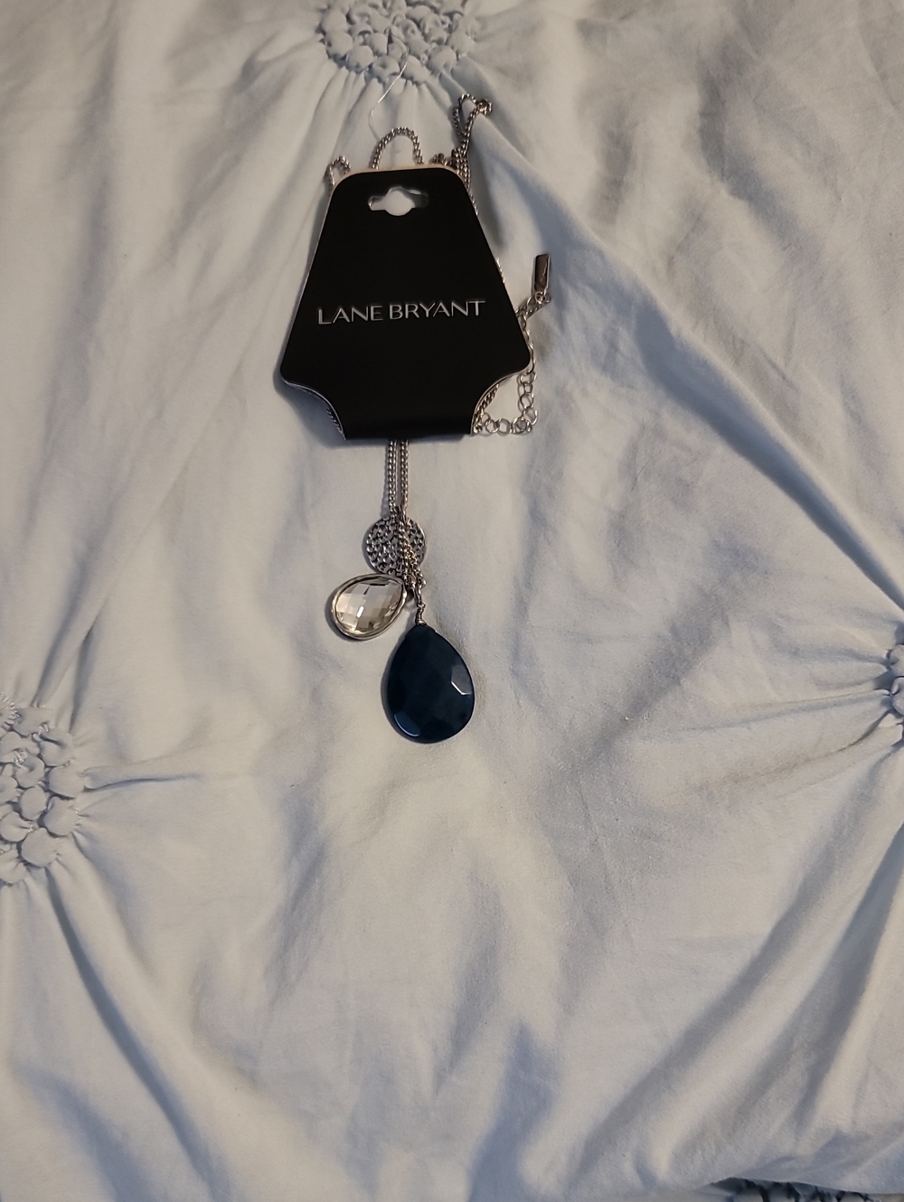 Lane Bryant Silver Necklace with Navy and Clear Teardrops